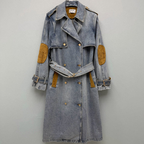 CC 26FW Denim Trench Coat Contrast Suede Collar Elbow Patches Belted Blue Cotton 274268
