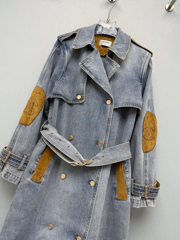 CC 26FW Denim Trench Coat Contrast Suede Collar Elbow Patches Belted Blue Cotton 274268