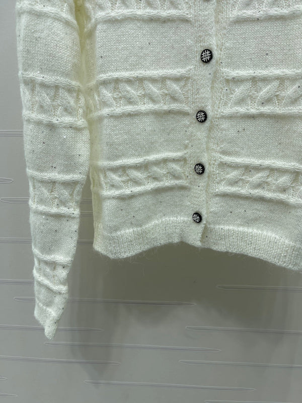 Miu 26FW Cable-Knit Rhinestone Cardigan Black Wool 439885
