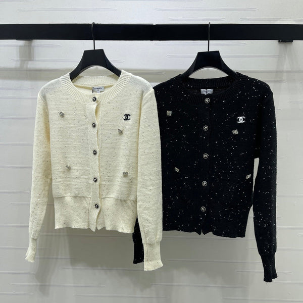 CC 26FW Crystal-Embellished Knit Cardigan Cream Wool 439885