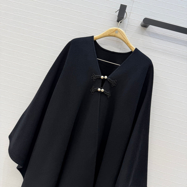 CD 26FW Cape Coat Knot Buttons Fringe Hem Black Wool 440413