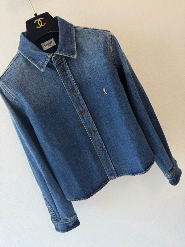YSL 26FW Cassandre Denim Shirt Blue Denim Cotton 440371