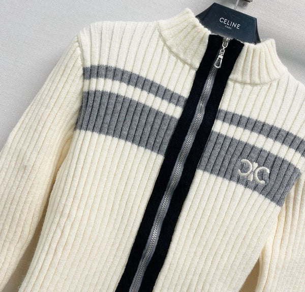Celine 26FW Ribbed-Knit Zip-Up Cardigan Stripe Wool 440311