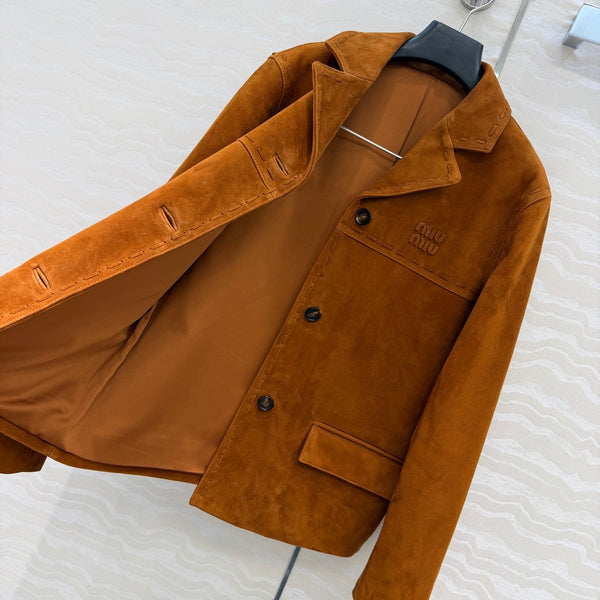 Miu 26S Lapel Leather Jacket Vintage Brown Suede 440900