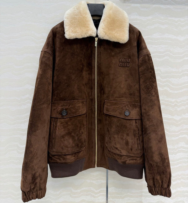 Miu 26S Oversized Jacket with Shearling Collar Brown Suede 440896