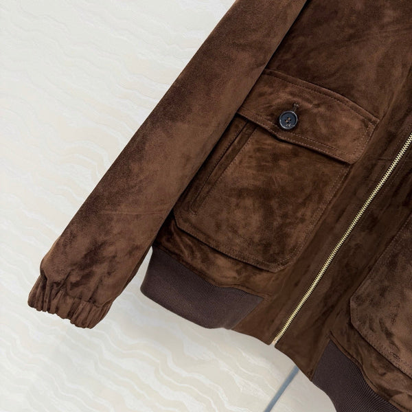 Miu 26S Oversized Jacket with Shearling Collar Brown Suede 440896