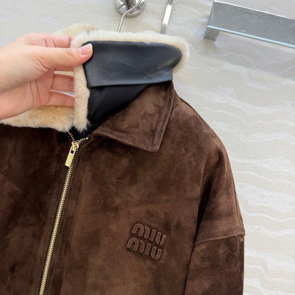 Miu 26S Oversized Jacket with Shearling Collar Brown Suede 440896