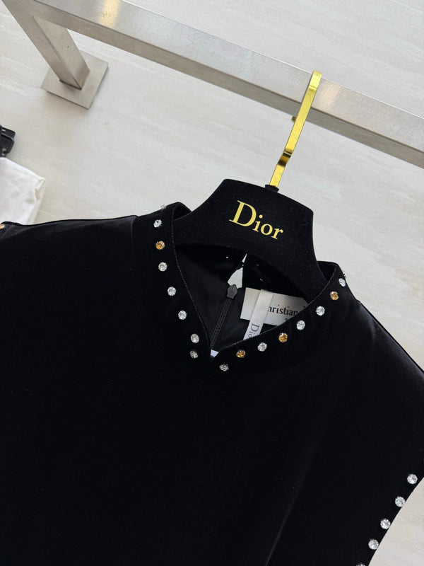 CD 26FW Crystal-Embellished Long Dress Stand Collar Sleeveless Black Velvet 441675