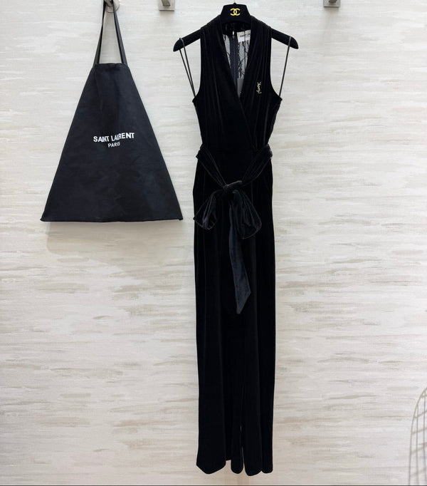 YSL 26FW Velvet Lace Halter-Neck Wide-Leg Jumpsuit Black Velvet 441671
