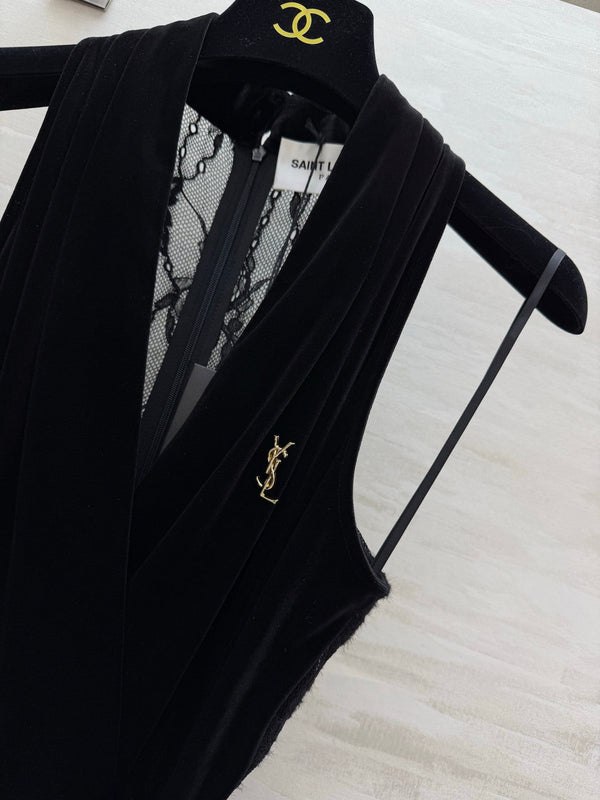 YSL 26FW Velvet Lace Halter-Neck Wide-Leg Jumpsuit Black Velvet 441671