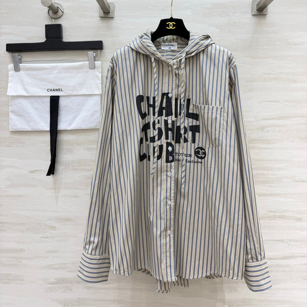 CC 26FW Striped Hooded Letter-Print Shirt Blue Beige Cotton 441644