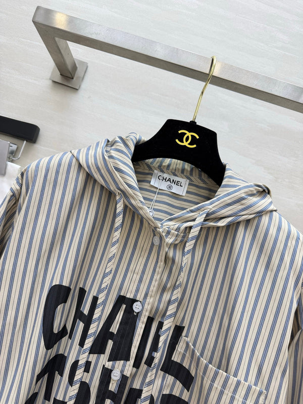 CC 26FW Striped Hooded Letter-Print Shirt Blue Beige Cotton 441644