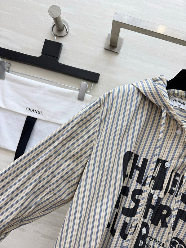 CC 26FW Striped Hooded Letter-Print Shirt Blue Beige Cotton 441644