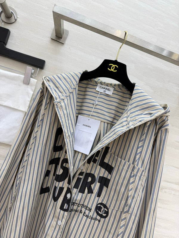 CC 26FW Striped Hooded Letter-Print Shirt Blue Beige Cotton 441644