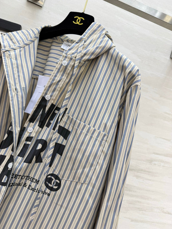 CC 26FW Striped Hooded Letter-Print Shirt Blue Beige Cotton 441644