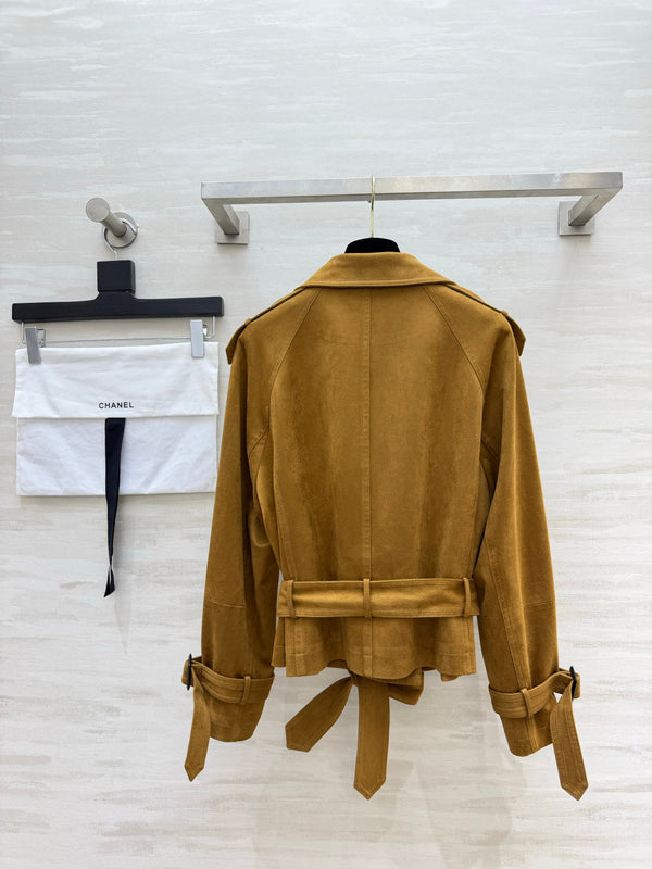 CC 26FW Cropped Double-Breasted Trench Jacket Epaulets Belted Waist Caramel Suede 441613