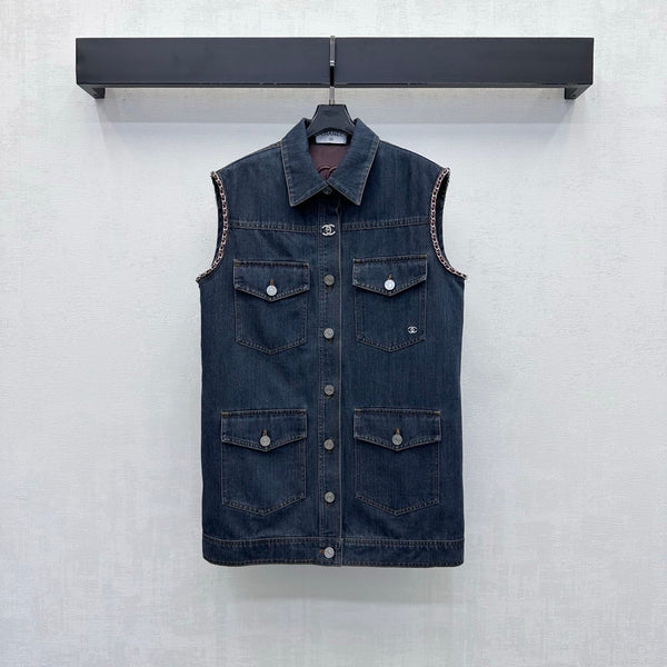 CC 26FW Chain-Trim Denim Vest Dress Red Leather Collar Blue Cotton 441477
