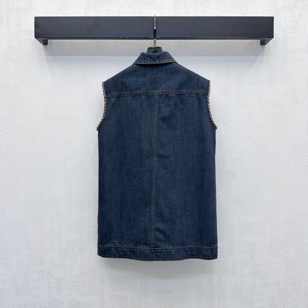 CC 26FW Chain-Trim Denim Vest Dress Red Leather Collar Blue Cotton 441477