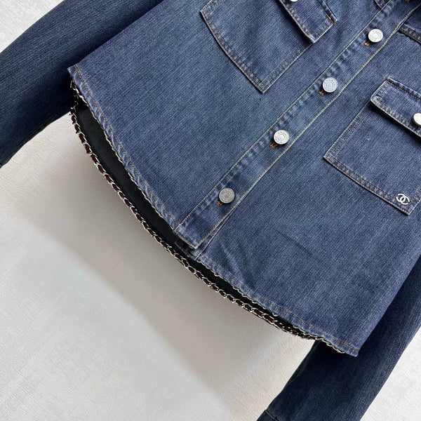 CC 26FW Chain-Trim Denim Shirt Jacket Burgundy Leather Collar Blue Cotton 441474