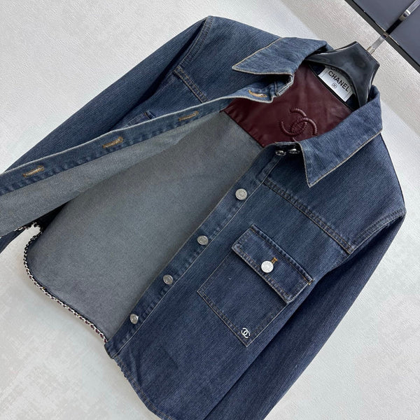 CC 26FW Chain-Trim Denim Shirt Jacket Burgundy Leather Collar Blue Cotton 441474