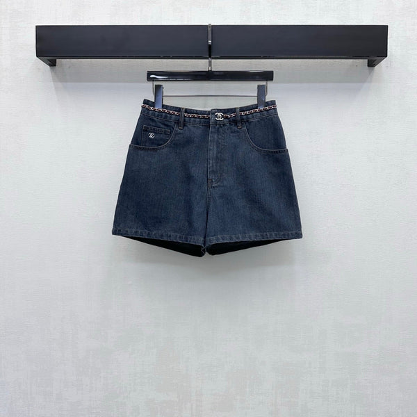 CC 26FW High-Waisted A-Line Denim Shorts Chain-Trim Blue Cotton 441467
