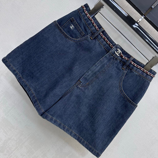 CC 26FW High-Waisted A-Line Denim Shorts Chain-Trim Blue Cotton 441467