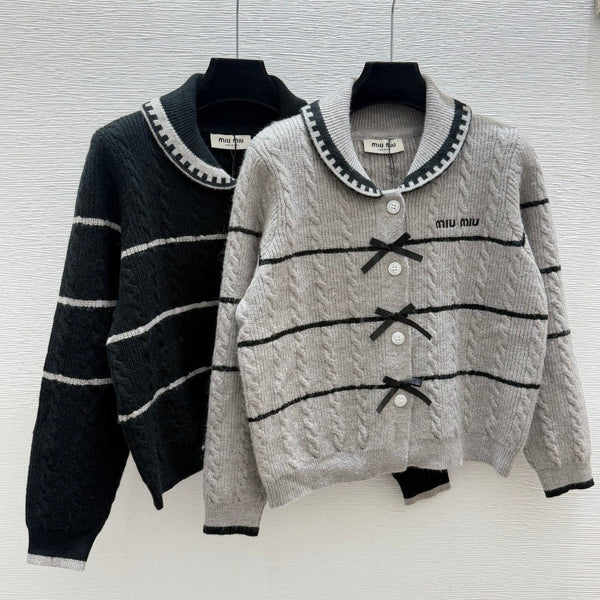 Miu 26FW Striped Cable-Knit Sailor-Collar Cardigan Sweater Bow Details Wool 313546
