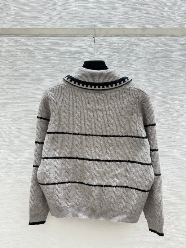 Miu 26FW Striped Cable-Knit Sailor-Collar Cardigan Sweater Bow Details Wool 313546