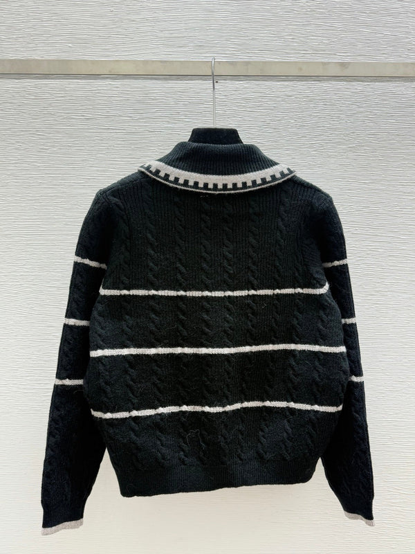 Miu 26FW Striped Cable-Knit Sailor-Collar Cardigan Sweater Bow Details Wool 313546