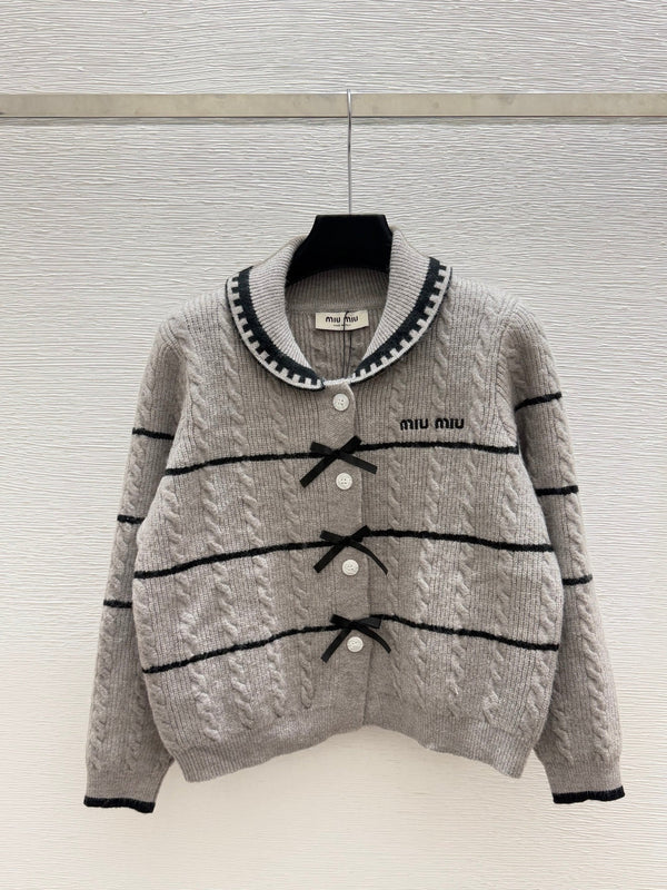 Miu 26FW Striped Cable-Knit Sailor-Collar Cardigan Sweater Bow Details Wool 313546