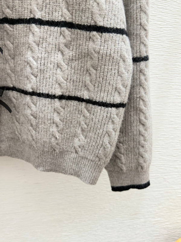 Miu 26FW Striped Cable-Knit Sailor-Collar Cardigan Sweater Bow Details Wool 313546