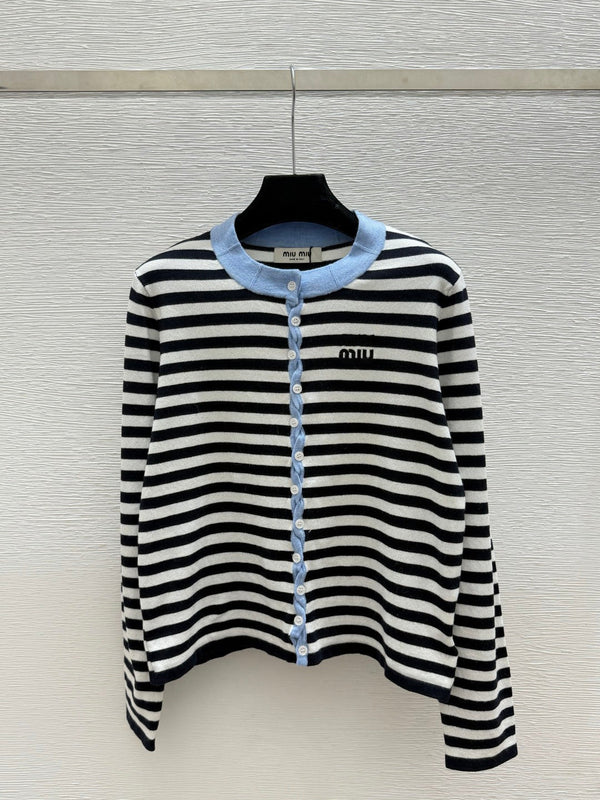 Miu 26FW Striped Knit Cardigan Light Blue Collar and Button Trim Wool 313374