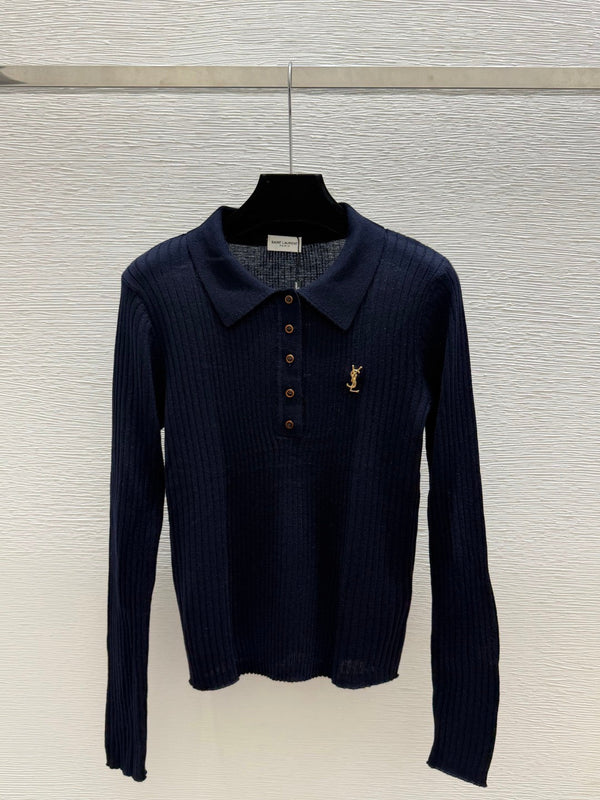 YSL 26FW Ribbed Knit Polo Sweater Gold-Tone YSL Logo Wool 313375