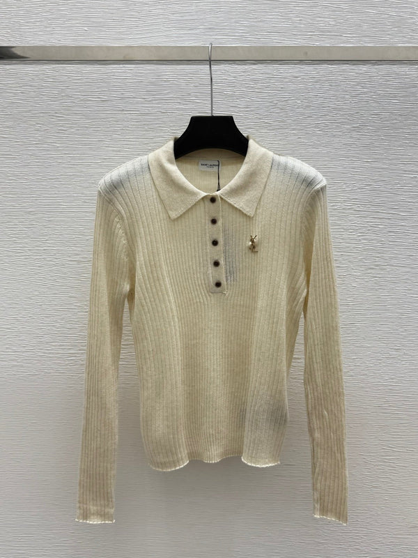 YSL 26FW Ribbed Knit Polo Sweater Gold-Tone YSL Logo Wool 313375