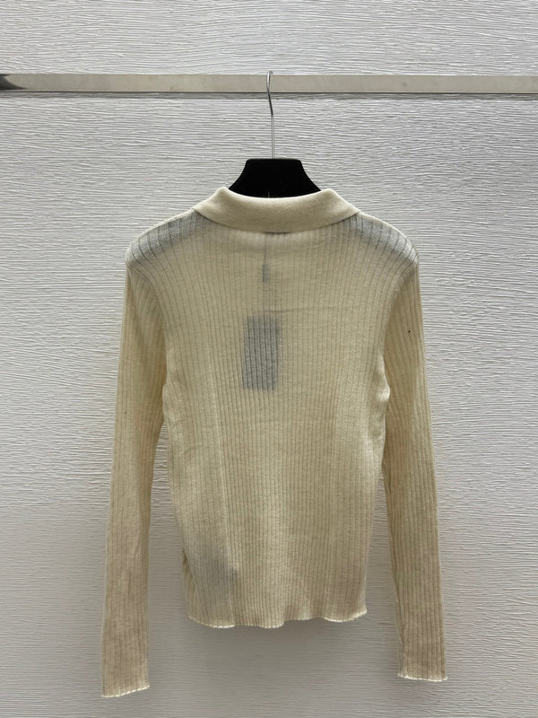 YSL 26FW Ribbed Knit Polo Sweater Gold-Tone YSL Logo Wool 313375