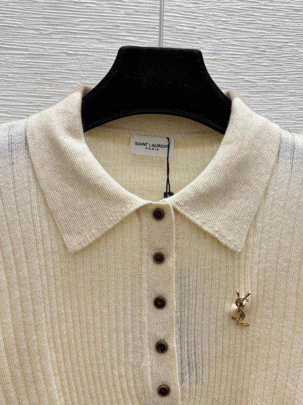 YSL 26FW Ribbed Knit Polo Sweater Gold-Tone YSL Logo Wool 313375
