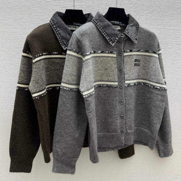 Miu 26FW Collared Cashmere Cardigan Denim Collar Striped Embellishments Ash Wool 313354