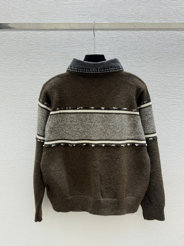 Miu 26FW Collared Cashmere Cardigan Denim Collar Striped Embellishments Ash Wool 313354