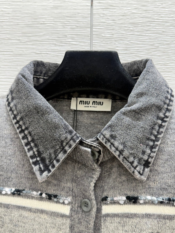 Miu 26FW Collared Cashmere Cardigan Denim Collar Striped Embellishments Ash Wool 313354
