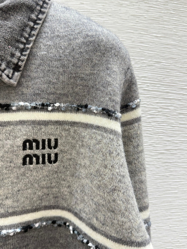 Miu 26FW Collared Cashmere Cardigan Denim Collar Striped Embellishments Ash Wool 313354