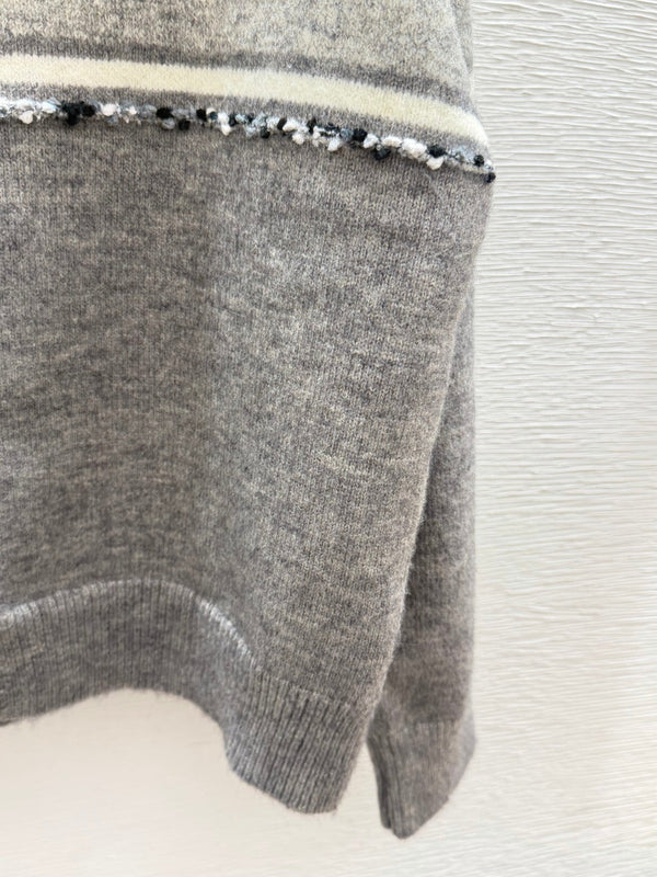 Miu 26FW Collared Cashmere Cardigan Denim Collar Striped Embellishments Ash Wool 313354