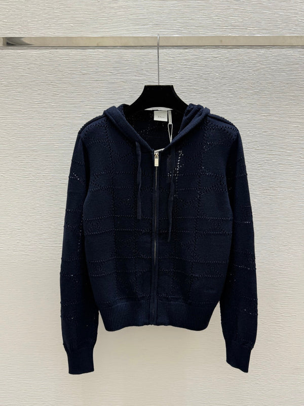CD 26FW Cannage Textured-Knit Hooded Zip-Up Cardigan Wool 313338