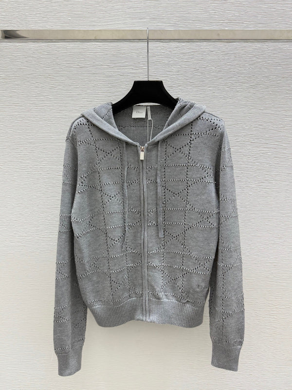 CD 26FW Cannage Textured-Knit Hooded Zip-Up Cardigan Wool 313338