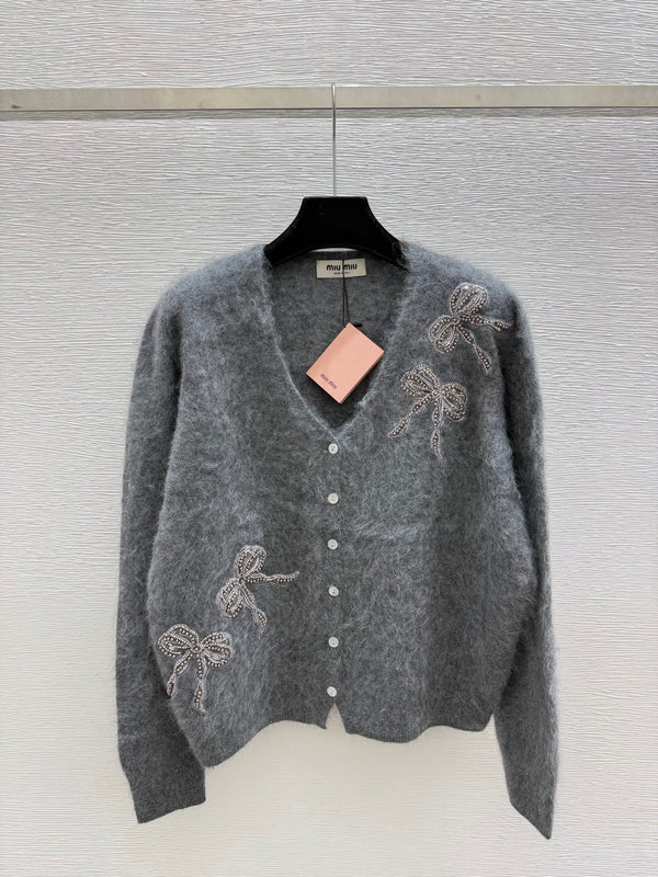 Miu 26FW Fuzzy V-Neck Cardigan Bow Embellishments White Buttons Wool 313332