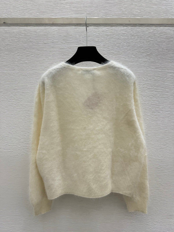 Miu 26FW Fuzzy V-Neck Cardigan Bow Embellishments White Buttons Wool 313332