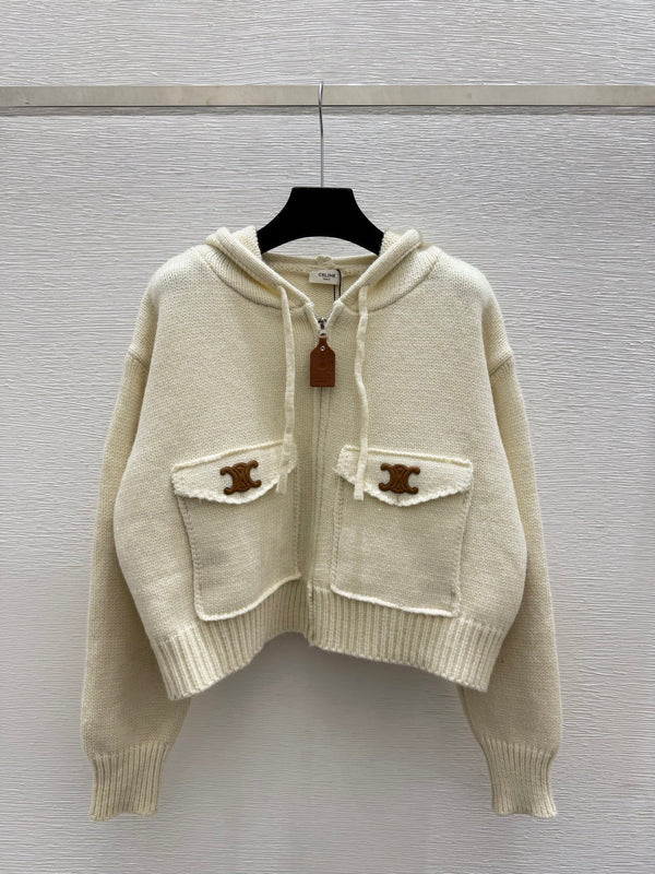 CE 26FW Cropped Knit Zip-Up Hoodie Triomphe Logo Flap Pockets Heather Wool 313322