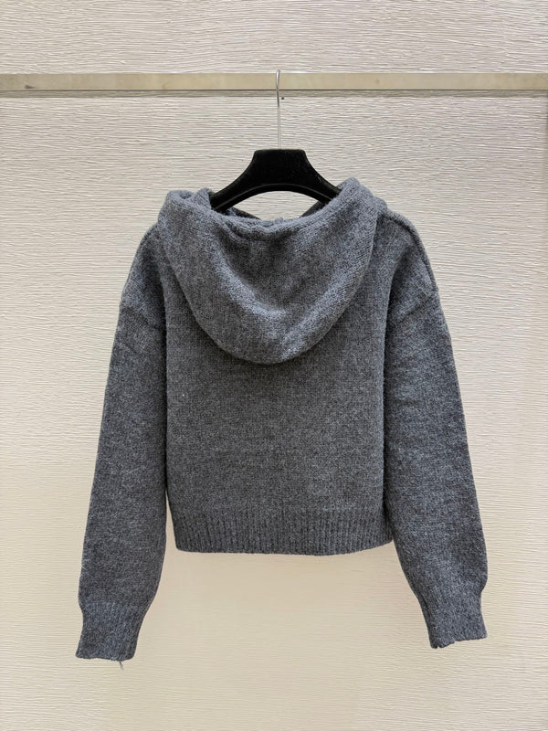 CE 26FW Cropped Knit Zip-Up Hoodie Triomphe Logo Flap Pockets Heather Wool 313322