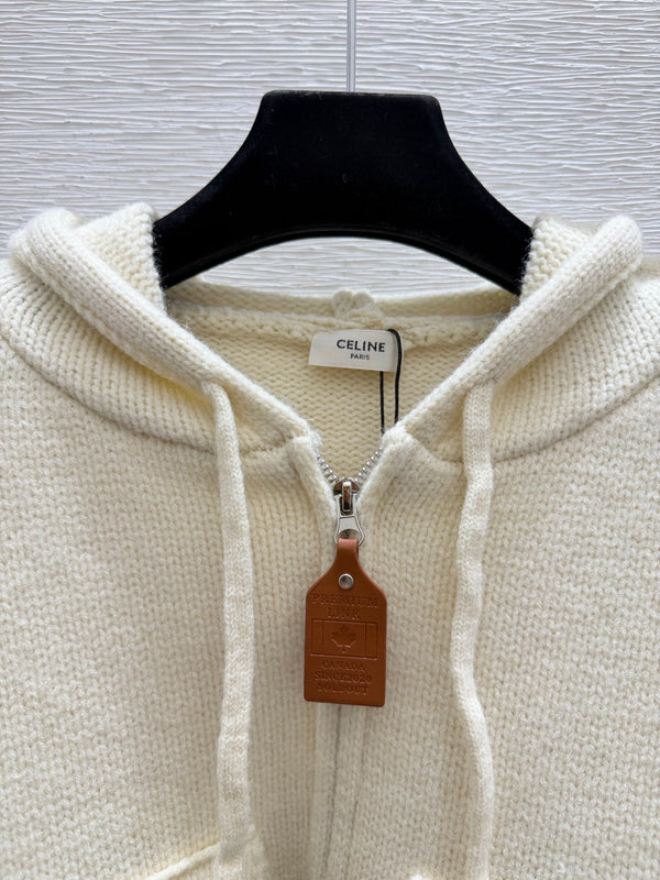 CE 26FW Cropped Knit Zip-Up Hoodie Triomphe Logo Flap Pockets Heather Wool 313322