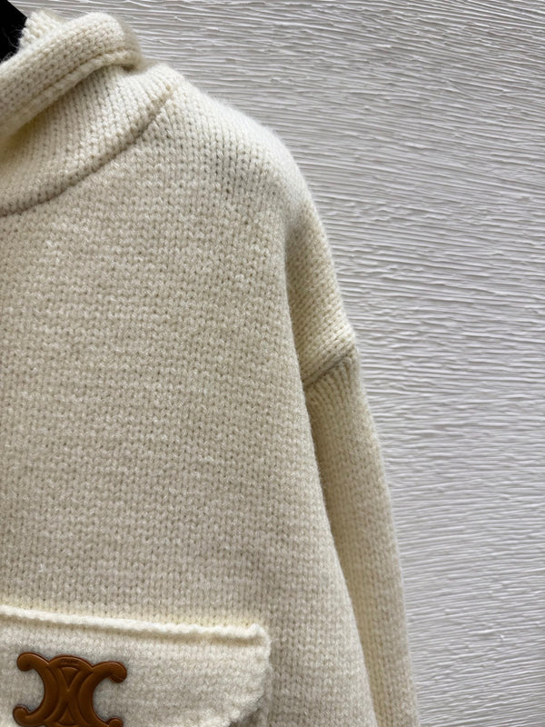 CE 26FW Cropped Knit Zip-Up Hoodie Triomphe Logo Flap Pockets Heather Wool 313322