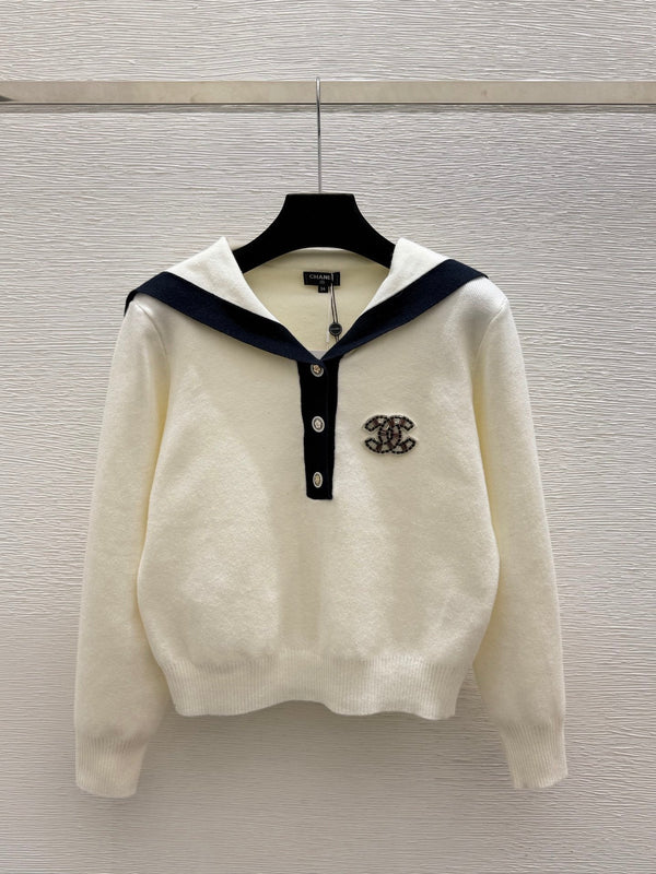 CC 26FW Marine-Inspired Knit Pullover Sweater Sailor Collar Half-Button Logo Wool 313320